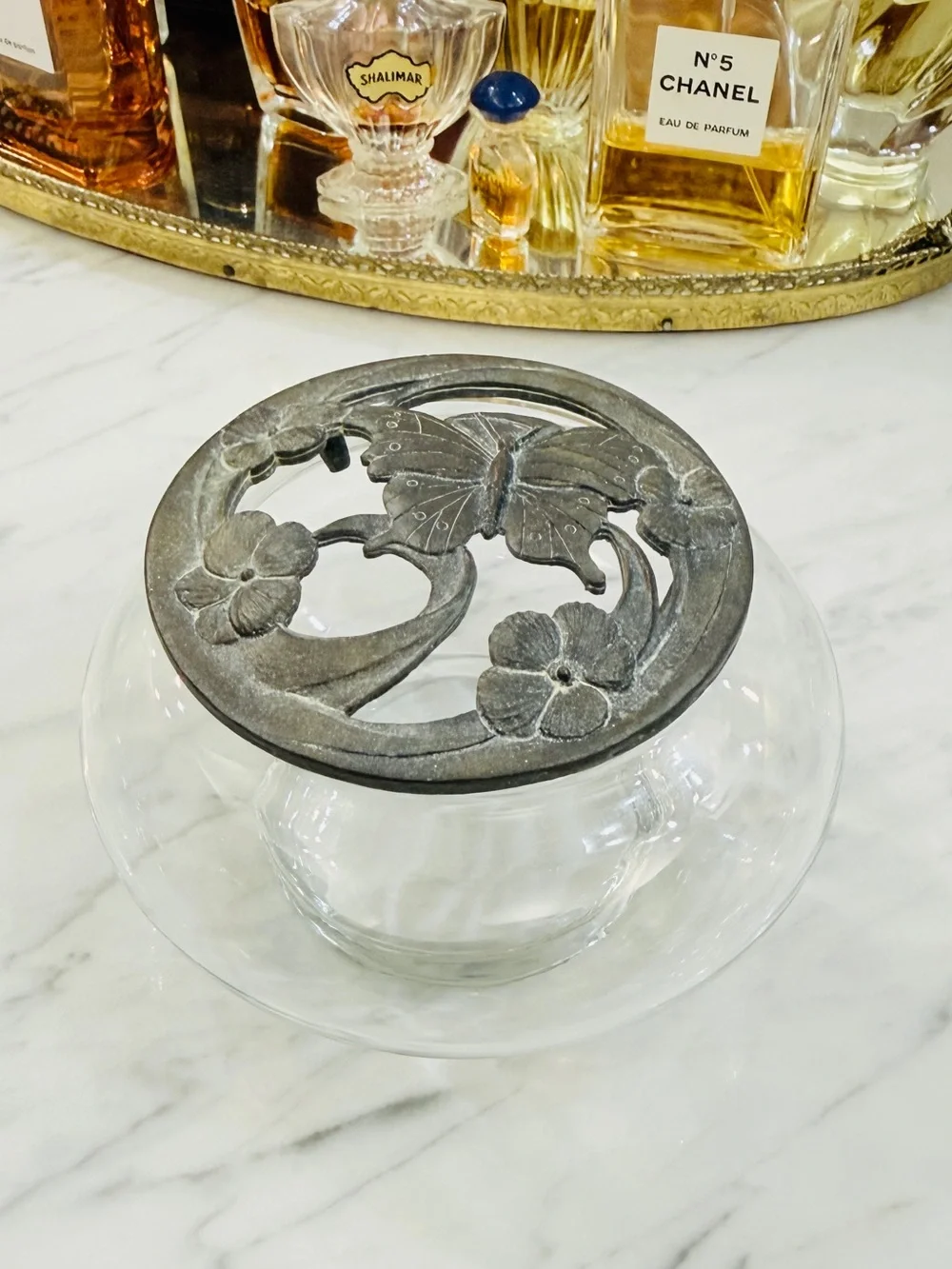 Vintage Clear Glass Trinket / Potpourri Jar w/ Ornate Bronze Butterfly Lid